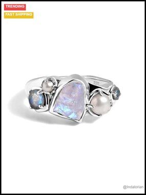 Sterling Silver Moonstone Labradorite Pearl Statement Ring Size 7
